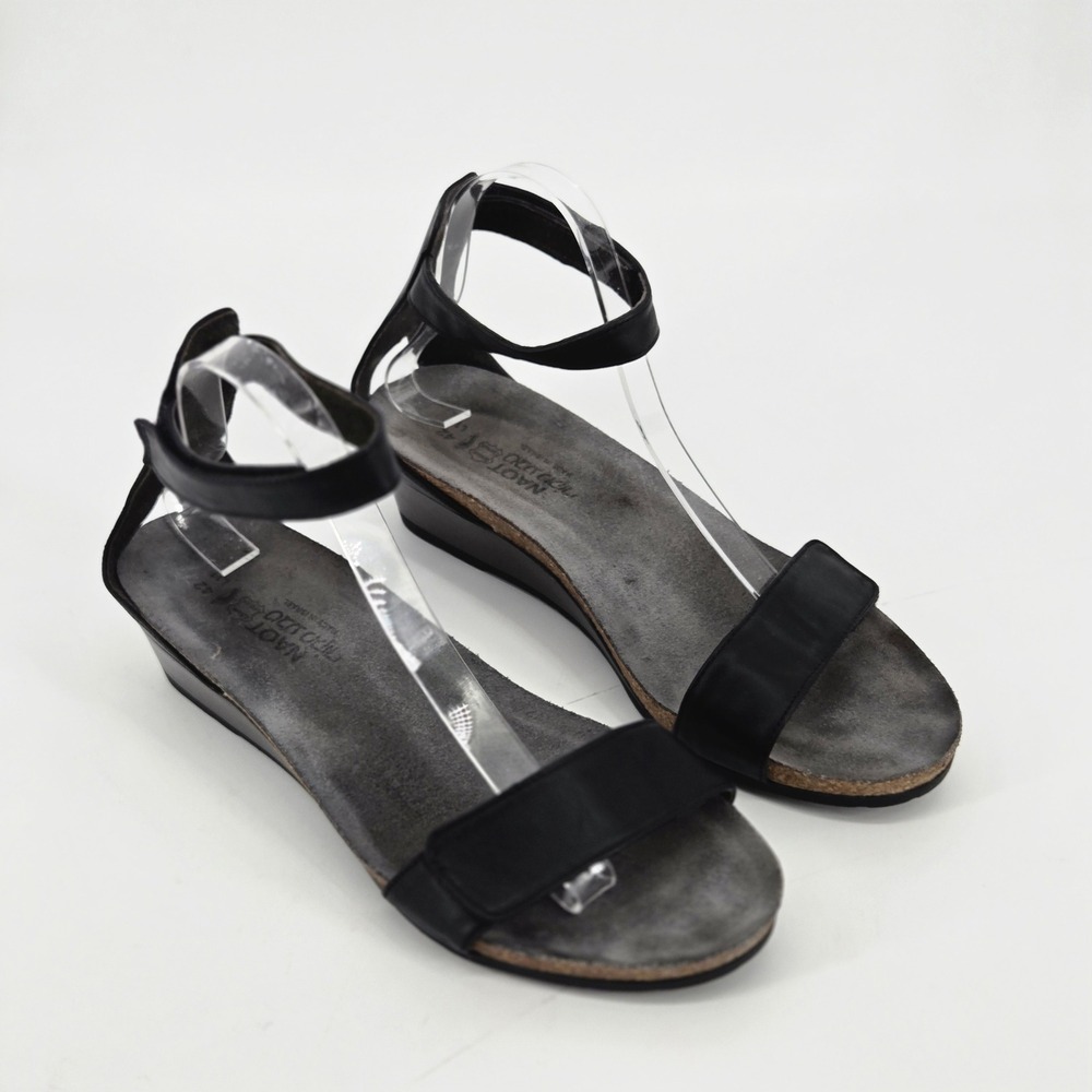 NAOT Prophecy Black Combo Smooth Patent Leather Ankle Strap Wedge Sandals 42 11